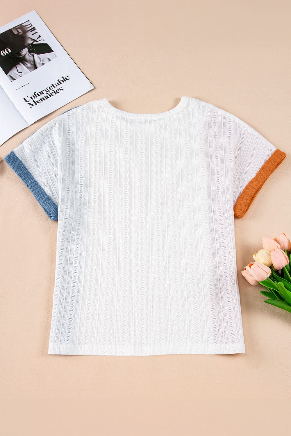 Light Blue Textured Color Block Loose Fit T Shirt - Love Salve